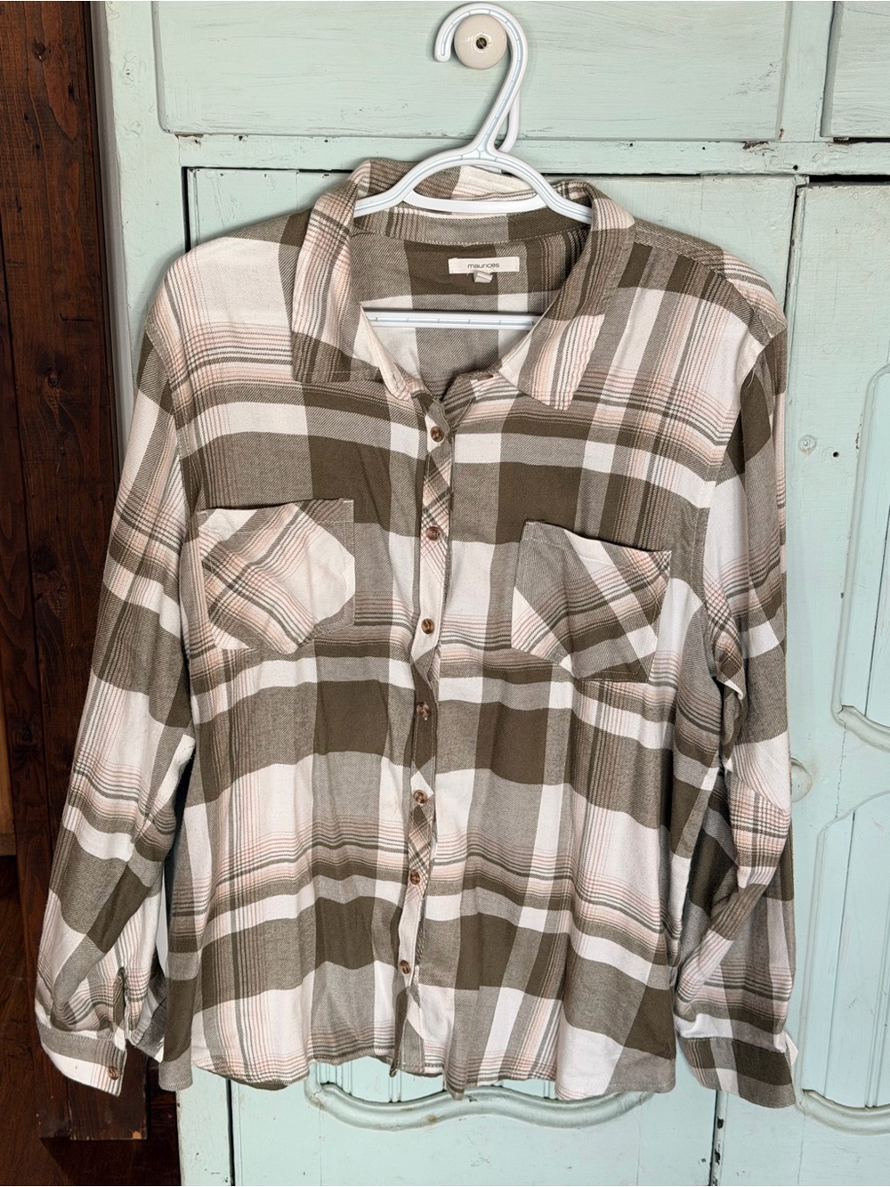 Maurices Plaid Button-Up Shirt in Olive and Cream Soft Flannel